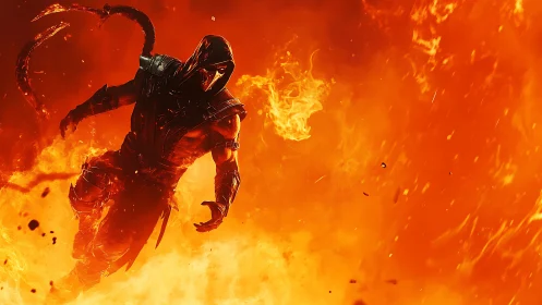 Armored infernal warrior emerges dynamically from raging fire