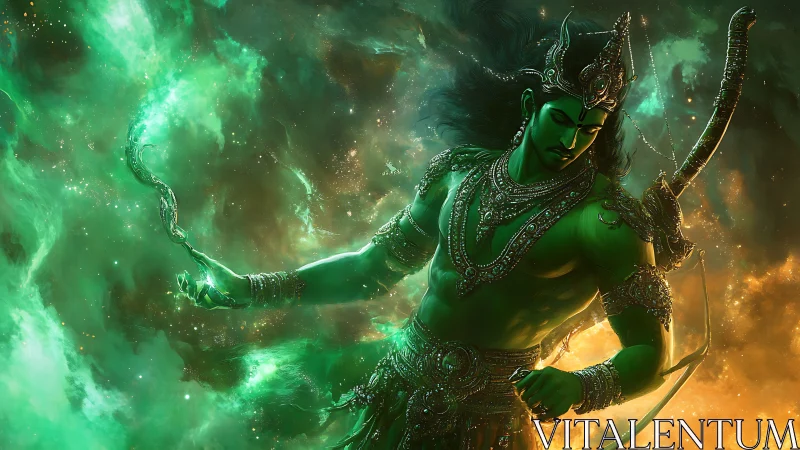 Green-skinned armored figure holds energy bow in nebula field