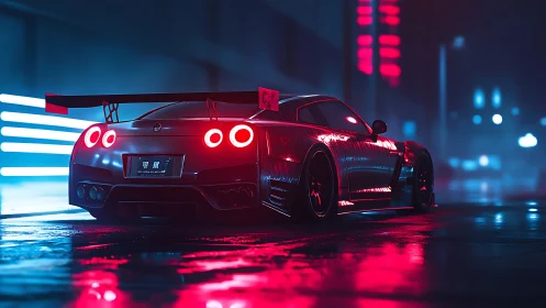 Cyberpunk rear-quarter supercar render with neon wet-street reflections.