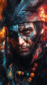 Fierce tribal guardian glowing with ember and moonlight.