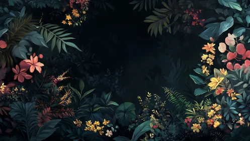 Dark background with layered floral and botanical illustration arrangement