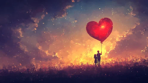 Child Holding Giant Red Heart Balloon Against Fiery Sunset Sky