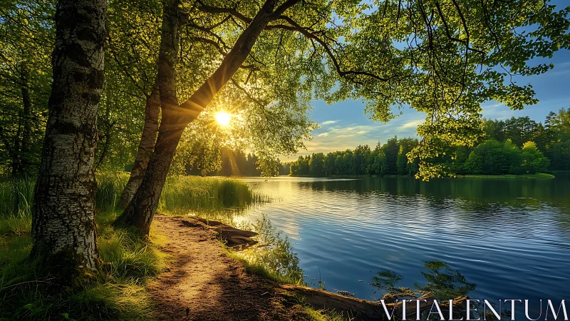 Photorealistic woodland lake sunset with dynamic leading path.