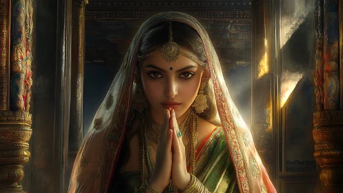 Regal Indian woman offers namaste in golden temple light.