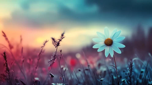 Blue daisy in meadow at twilight with muted landscape.