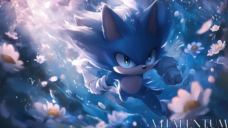 Blue anthropomorphic hedgehog sprints through glowing petals