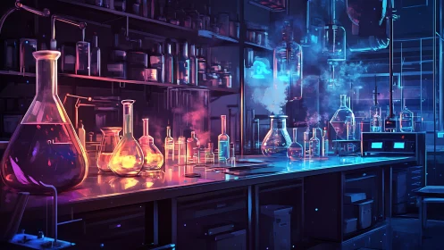 Digital illustration shows a laboratory bench with glassware