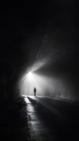 Silhouetted person walks toward bright light in dark tunnel.