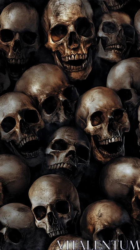 Gilded skulls gathered in a richly shadowed midnight tangle.