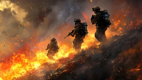 Military personnel advancing through intense flames and smoke.