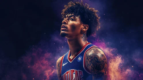 Tattooed basketball player in nebula styled digital portrait.