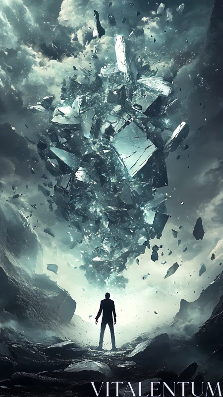 Solitary figure under shattering crystalline sky vortex.