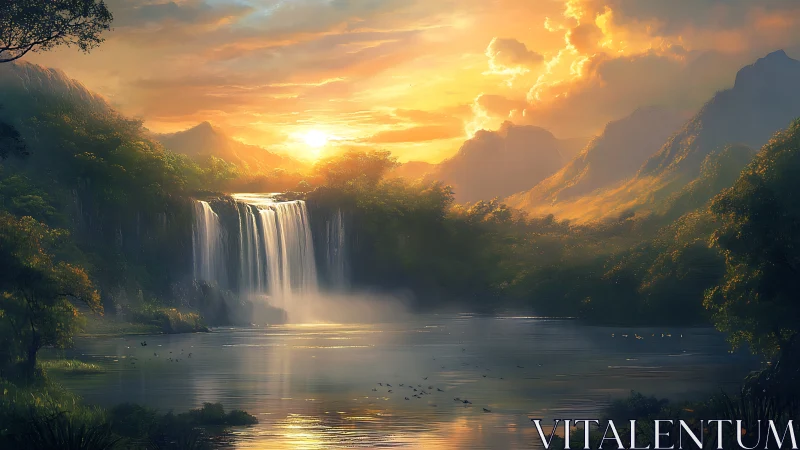 Sunlit waterfall cascades into tranquil misty forest lake.