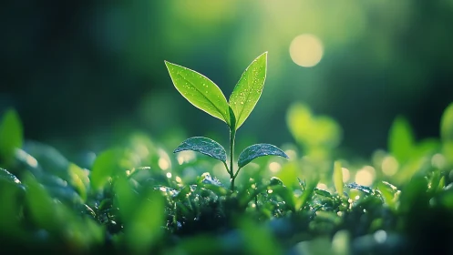 Young green sprout with dewdrops in soft morning light, nature macro.