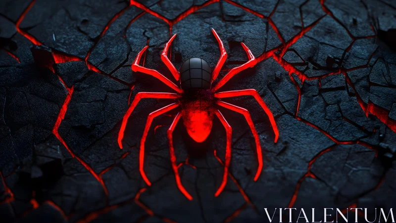 Futuristic glowing red spider on cracked dark stone background.