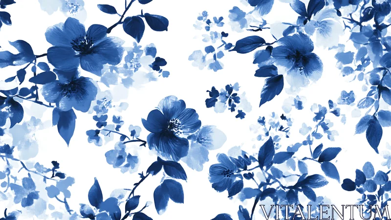 Blue Blooms and Branches: A Serene Floral Dance.
