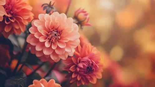 Multiple Dahlia flowers in warm color spectrum with selective focus