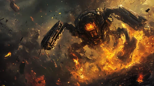 Heavily armored mech descends through explosive atmospheric firestorm