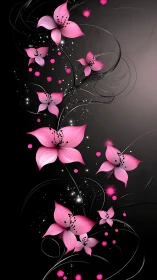 Pink Blossoms Dancing Against Dark Canvas with Luminescent Particle Effects.