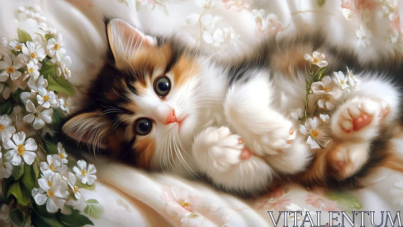 Calico Kitten with Small White Flowers on Patterned Surface.