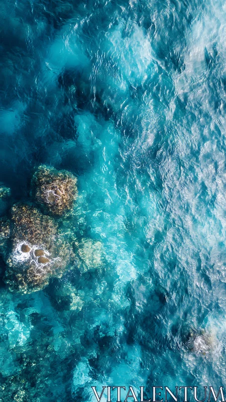 Overhead coastal water shows submerged rocks and wave motion