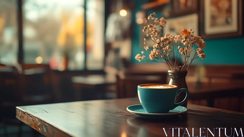 Cozy teal coffee cup glowing in a quiet sunlit cafe.