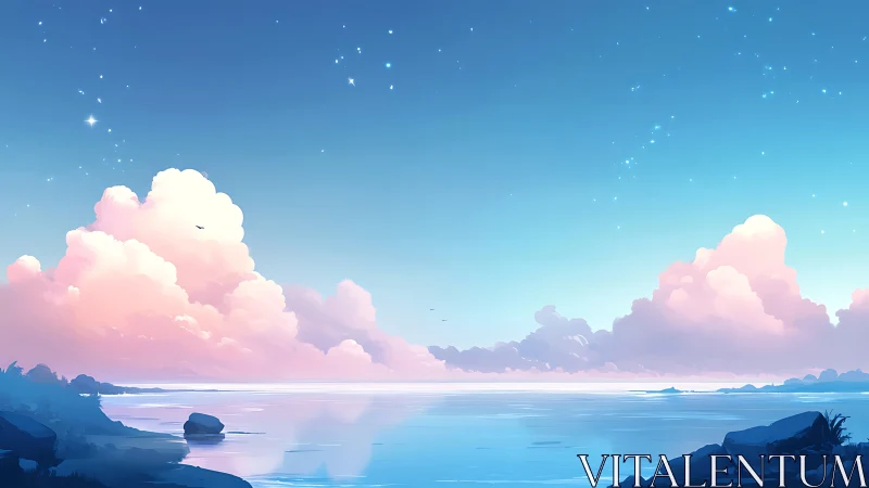 Cotton-candy clouds drift lazily above a glassy twilight sea