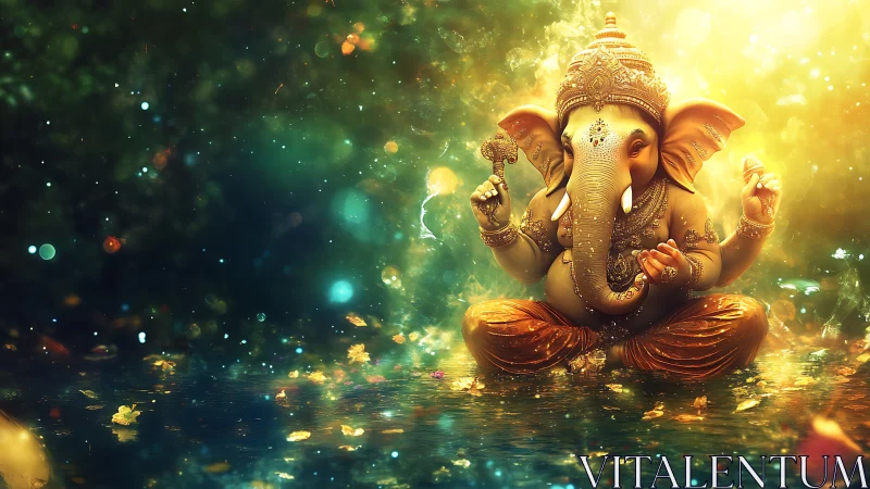 Radiant Ganesha idol rendered with volumetric light and bokeh field