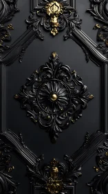 Black baroque wall panel with ornate gold floral reliefs.
