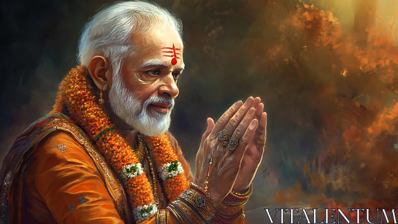 Elderly man in devotional pose with folded hands in light.