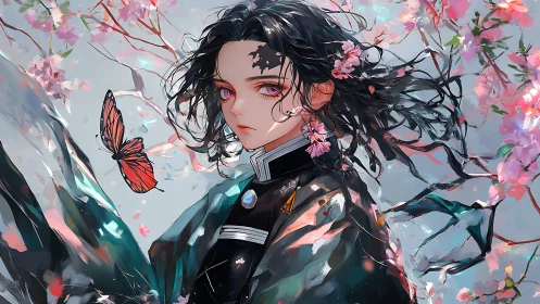 Female anime figure with butterfly and cherry blossoms.