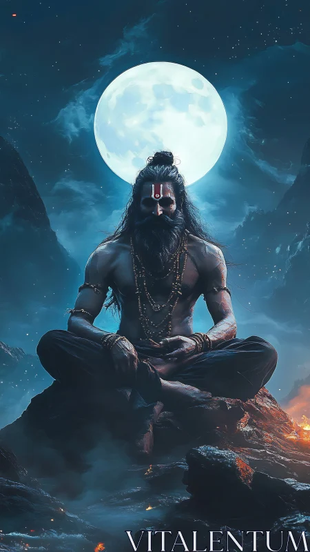 Digital painting of ascetic yogi under luminous full moon.