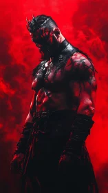 Brooding dark warrior wrapped in crimson stormlight.