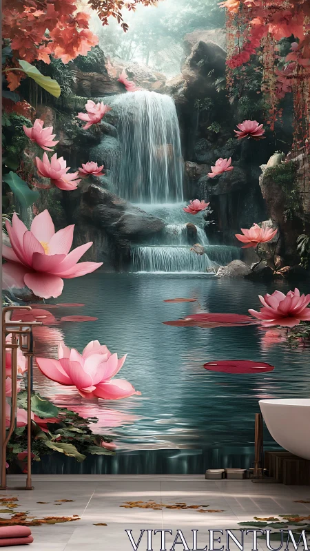Lotus petals drift as the waterfall turns a bath into myth