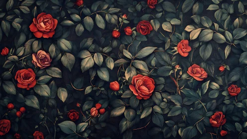 Vivid Red Roses Against Dark Foliage.