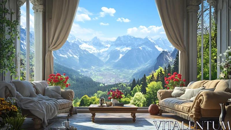 Interior seating area frames distant alpine mountain landscape