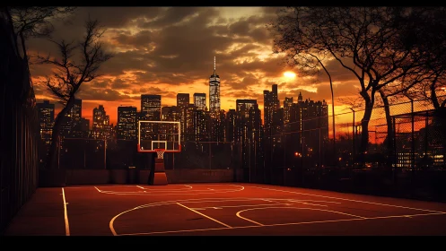 Outdoor basketball court sits empty before glowing city skyline