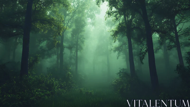 Misty forest awakens to ethereal light.