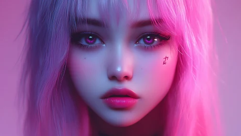 Neon pink cyber girl portrait with glowing violet eyes.