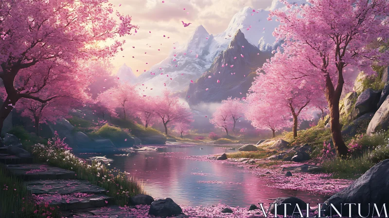Digital cherry blossom valley under snowcapped peaks.