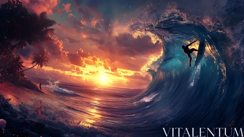 Sunset surfer riding a glowing tropical dream wave.