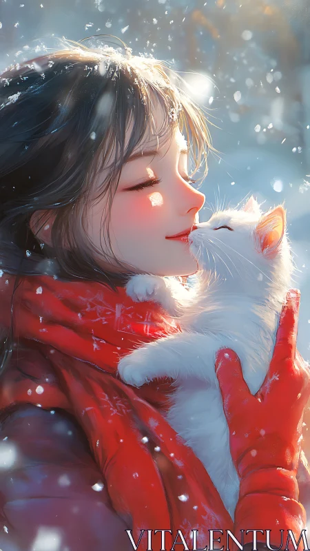 Digital winter portrait depicts girl holding white kitten closely