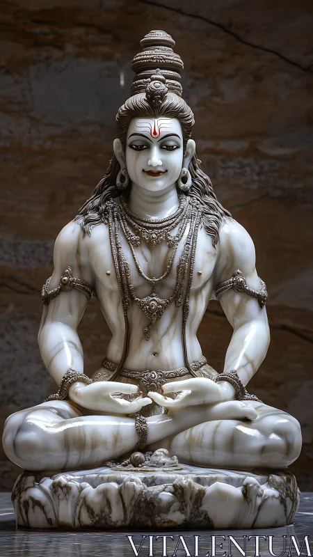 Photorealistic marble Shiva sculpture in meditative seated pose.