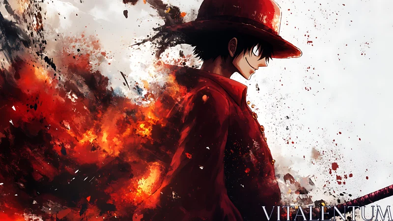 Fiery anime swordsman walking through swirling embers.