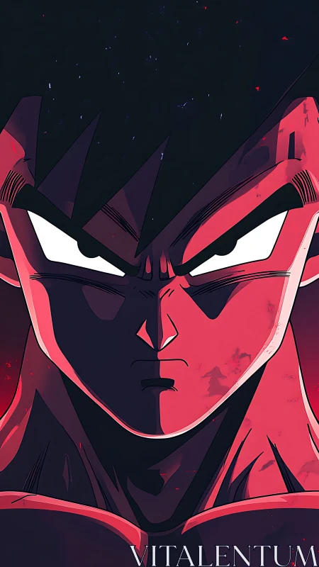 Intense anime warrior stares forward under red shadow light