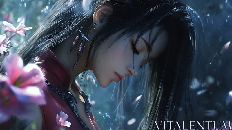 Gentle flower guardian resting in a dreamy twilight garden.