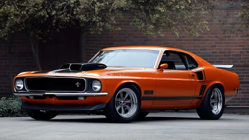 Bold orange muscle car basking in classic streetlight glow.