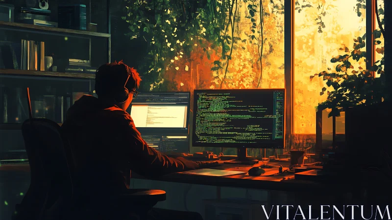 Sunlit coder’s hideaway blending screens, vines, and calm.