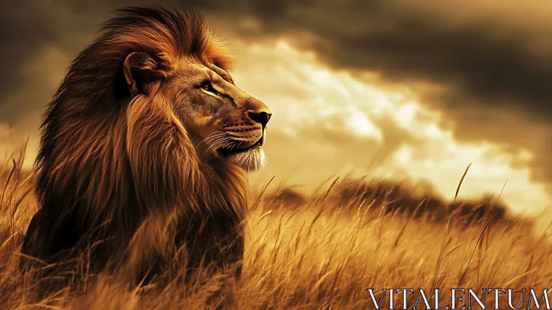 Majestic male lion in golden grassland at sunset sky.