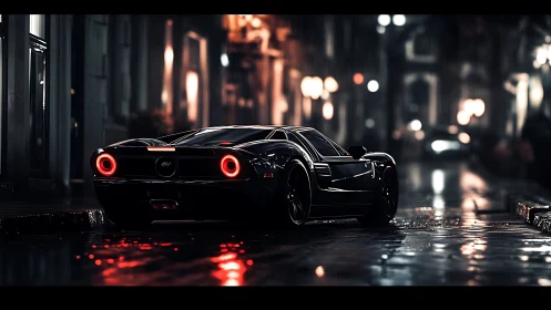 Cinematic supercar nightscape in rain-soaked urban street scene.